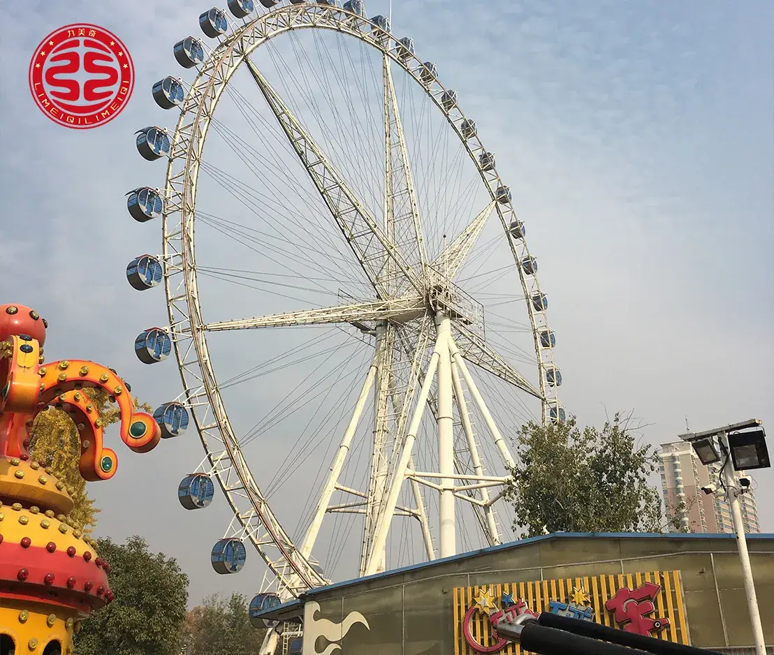 49m observation wheel full view park Full outdoor view of LIMEIQI 42m observation wheel with a white lattice structure and colorful gondolas in a park