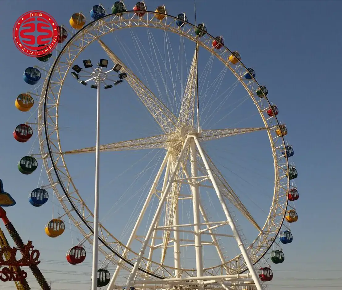 49m observation wheel gondola side view Close-up side view of colorful enclosed cabins attached to the 49m observation wheel white steel frame